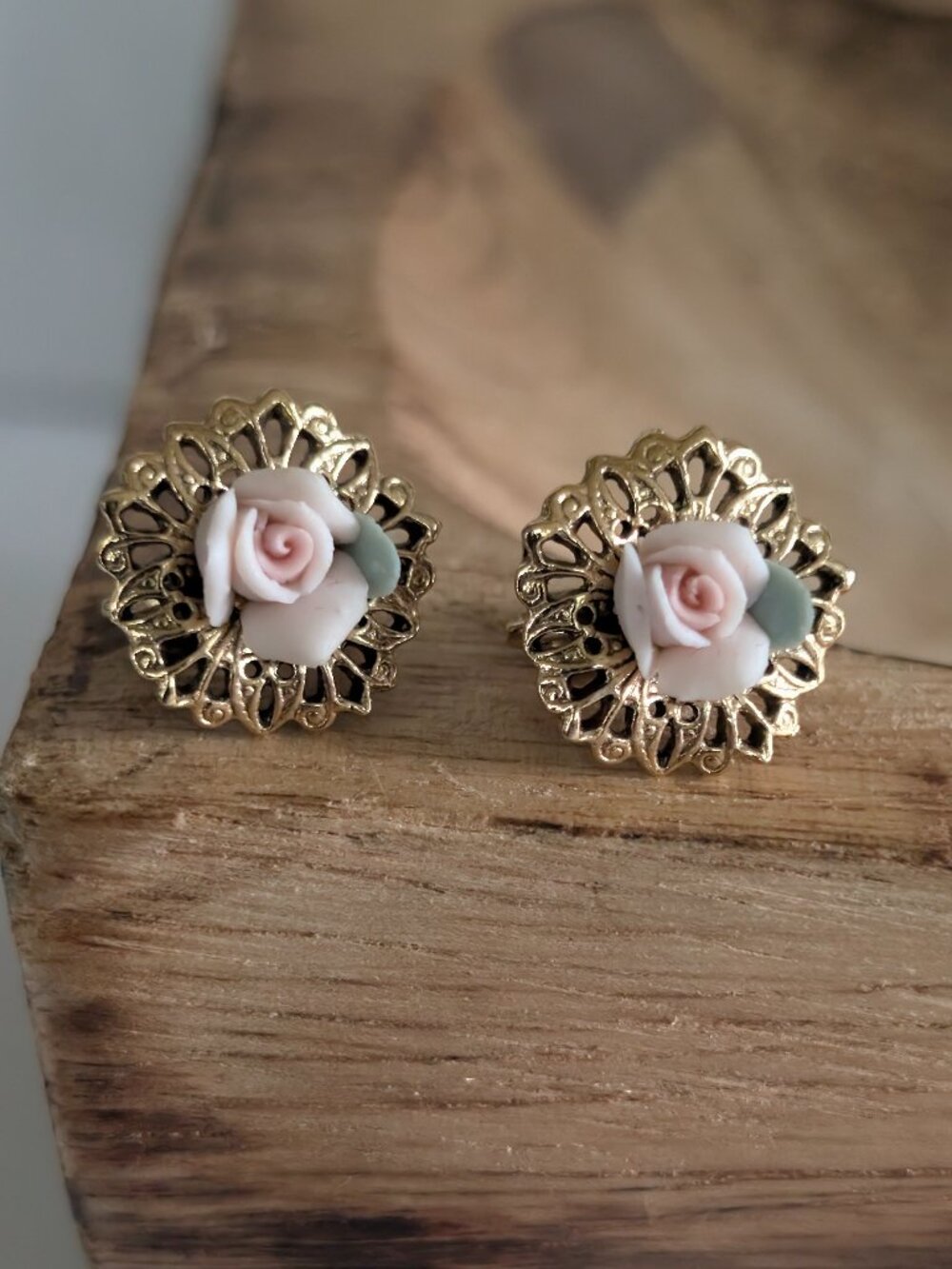 Vintage 1960's Carved Pink Porcelain Rose Clip On Earrings